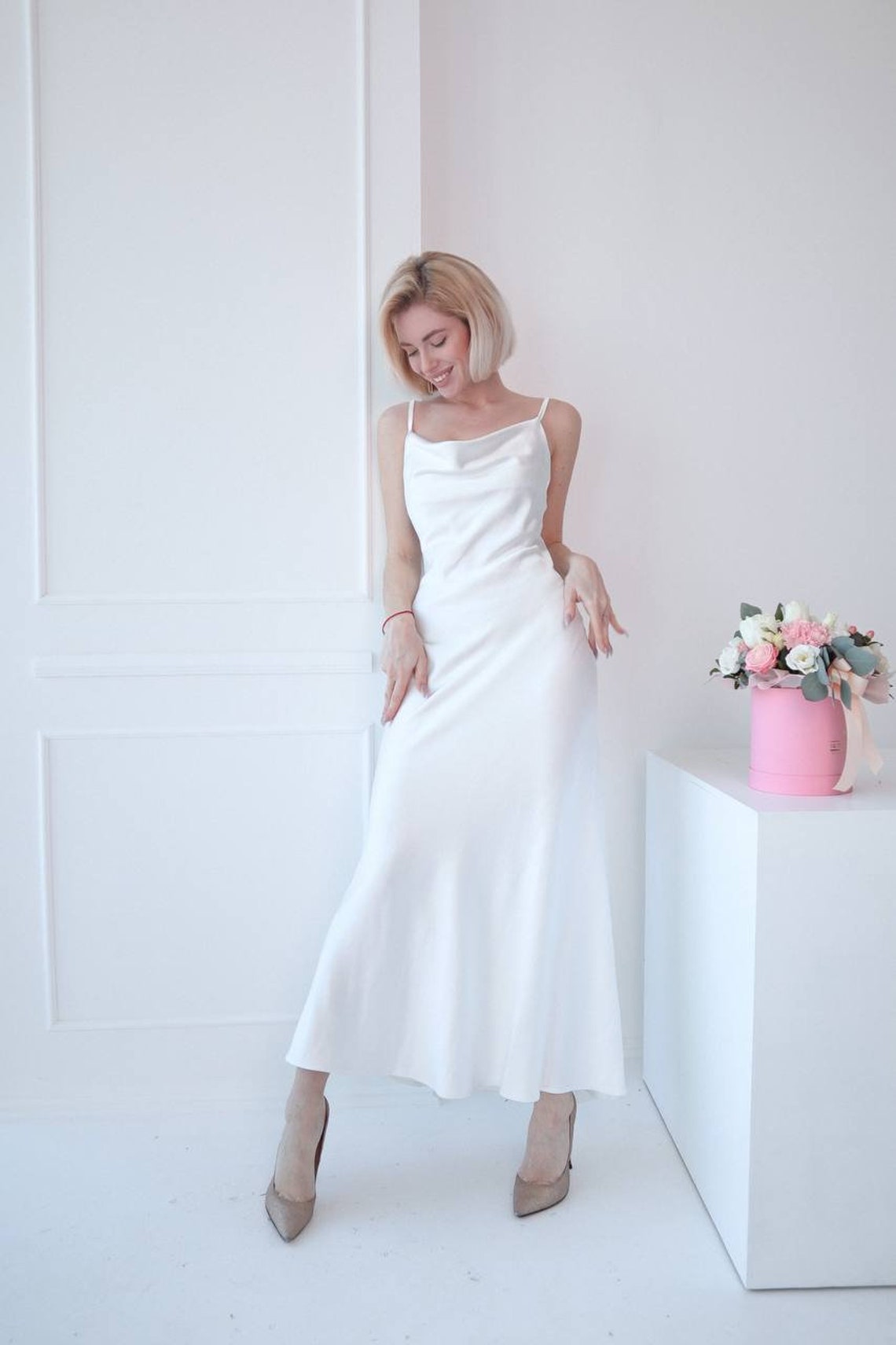 White midi slip silk dress for weddingCowl Neck Silk Elegant | Etsy