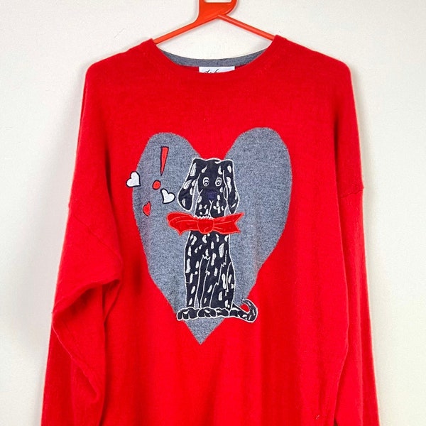 Vintage 80er Bestickte Applikation Hundepullover Kleid - Rot feiner Wolle Fun Kitsch Pullover strickt gestrickt
