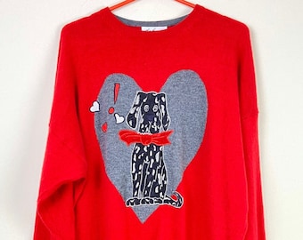 Vintage 80's Embroidered Applique Dog Jumper Dress - Red fine wool fun kitsch sweater knit knitted