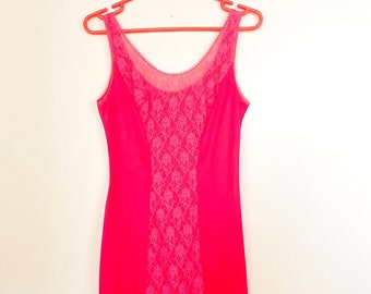 Vintage 90's Hot Pink Lace Slip Dress - Floral Lace Panel Lingerie Slip Dress