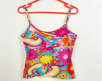 Vintage 90's Y2K Groovy Flower Power Print Top - Pink Yellow Blue Orange Psychedelic Pattern Strappy Stretch Cami Vest