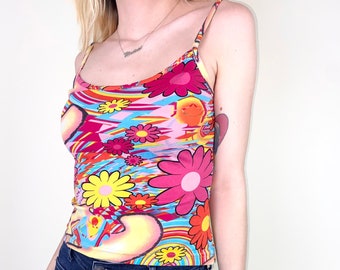 Vintage 90's Y2K Groovy Flower Power Print Top - Pink Yellow Blue Orange Psychedelic Pattern Strappy Stretch Cami Vest