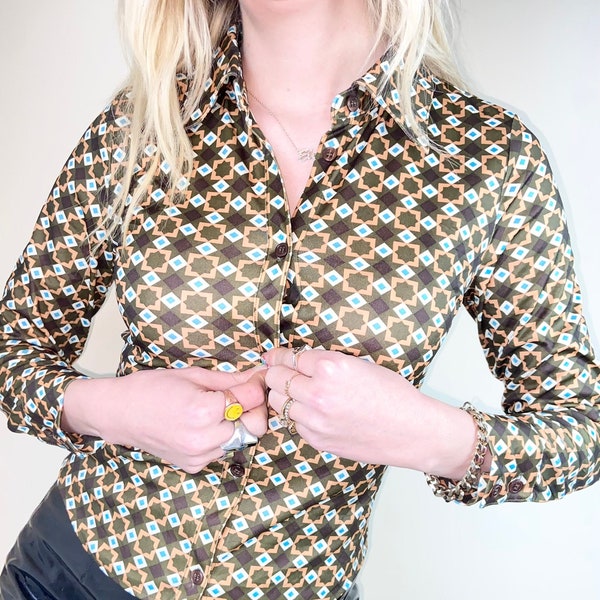 Vintage 70's Retro Print Shirt - Dagger Collar Brown, White and Blue Button Up Polyester Shirt