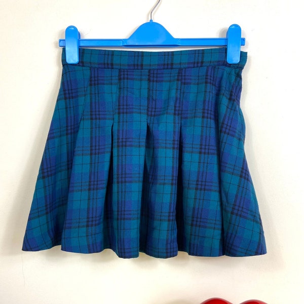 Vintage 90's Teal Tartan Pleated Mini Skirt - Plaid checked check school girl style emo kawaii grunge