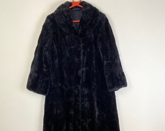 Vintage 60's Black Faux Sheepskin Fur Coat - Long Coat Furry Fake Fur Jacket original 60s mod retro