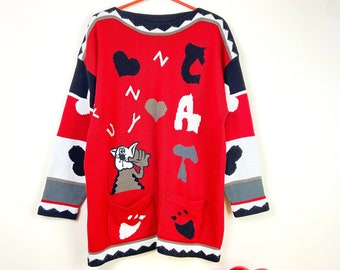 Vintage 80's Cat Fun Pattern Jumper - Funny kitsch letter heart print red white black pockets sweater knit knitted