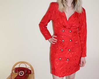 Luxury Vintage REVIVAL 80's Red Floral Satin Double Breasted Dress with shoulder pads and long sleeves