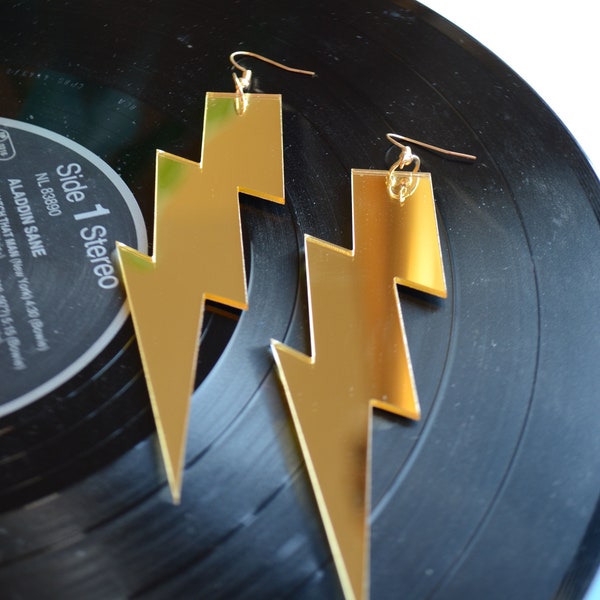 Gold Mirror Lighting Bolt Earrings - Glam Rock collection ( David Bowie Aladdin Sane Acrylic Laser Cut Seventies 70s 70's statement perspex