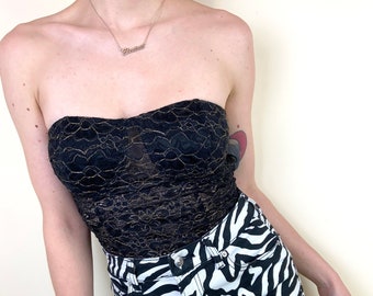 vintage 80's Black and Gold Lace Body - Sweetheart Strapless Bustier Body Unitard Lingerie Top
