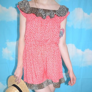 Vintage 90's Red Ditsy and Leopard Print Ruffle Playsuit image 1