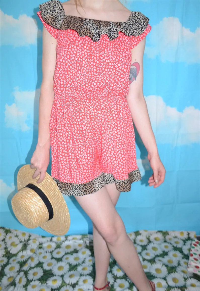 Vintage 90's Red Ditsy and Leopard Print Ruffle Playsuit image 1