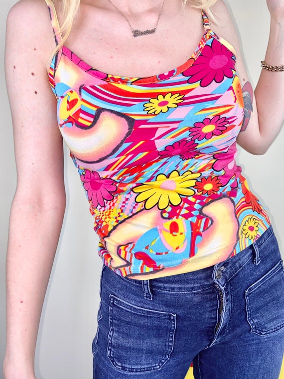 Vintage 90's Y2K Groovy Flower Power Print Top - … - image 2