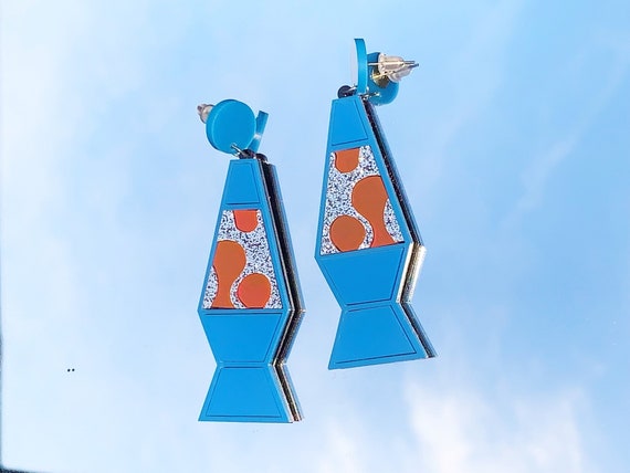 Lava Lamp Earrings - Blue and Orange - Glitter 70's Acrylic Plastic Groovy Sparkly Psychedelic Retro Lava Lamps 60's hippie drop dangly
