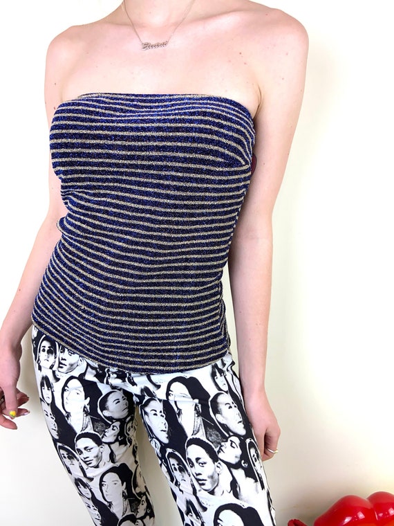 Vintage 90's Glitter Striped Strapless Bandeau To… - image 1