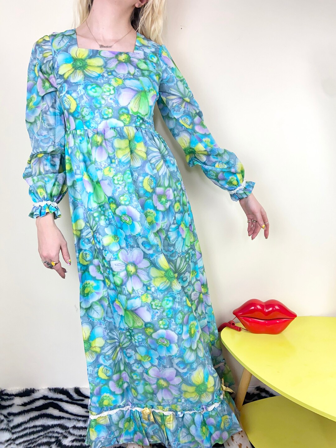 Vintage 70's Floral Maxi Dress Long Sleeves Bright Blue and Neon Green ...
