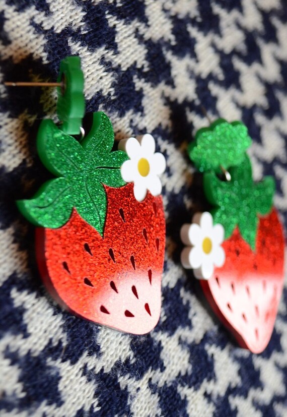 Strawberry Glitter Acrylic Earrings - Glittery fr… - image 5