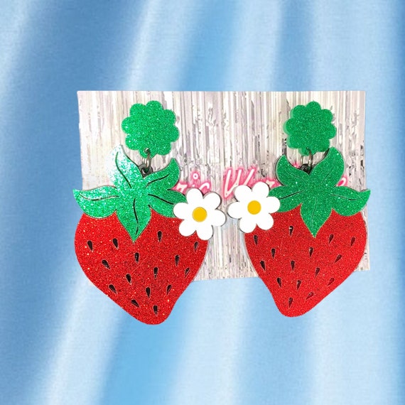 Strawberry Glitter Acrylic Earrings - Glittery fr… - image 1