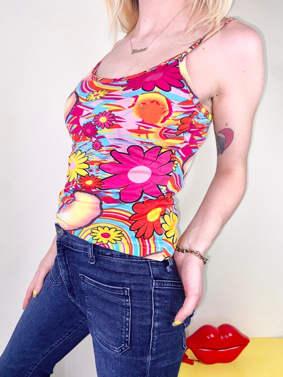 Vintage 90's Y2K Groovy Flower Power Print Top - … - image 3