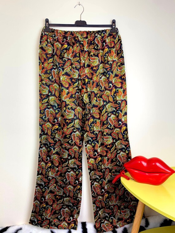 Vintage 70's Satin Paisley Print Flared Trousers Flar… - Gem