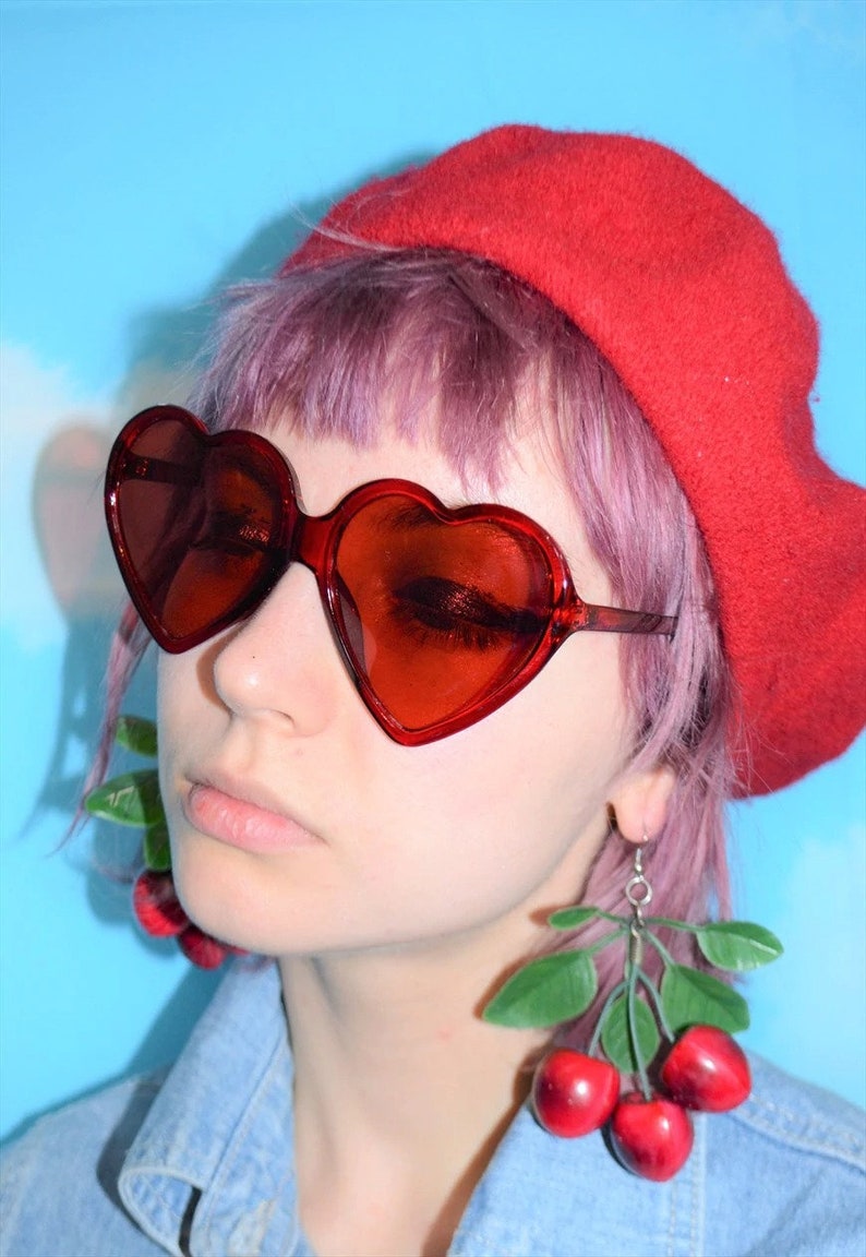 Red Heart Shaped Sunglasses Lolita Retro Translucent red frame Shape shades kitsch cute gift fun vintage valentines statement mod girl image 6