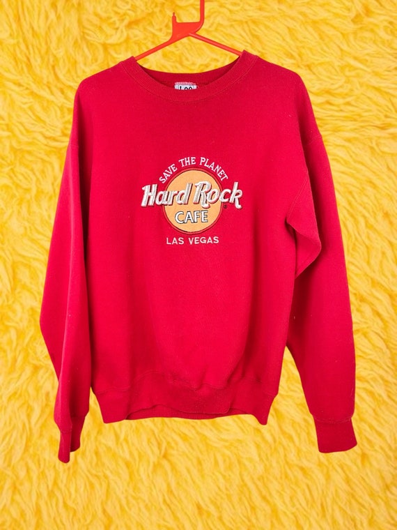 Vintage 90's Red Hard Rock Cafe Sweatshirt with embroidered logo - Made in USA - Las Vegas - Lee sweater