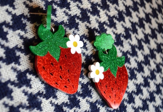 Strawberry Glitter Acrylic Earrings - Glittery fr… - image 2