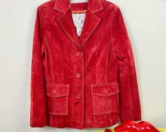 Vintage 00's Y2K Real Suede Red Jacket - Size Medium - Red suede blazer jacket with contrast stitching cherry red leather satin lining