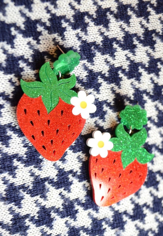 Strawberry Glitter Acrylic Earrings - Glittery fr… - image 3