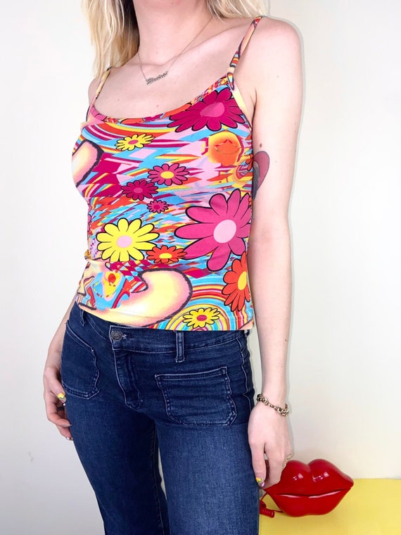 Vintage 90's Y2K Groovy Flower Power Print Top - … - image 1