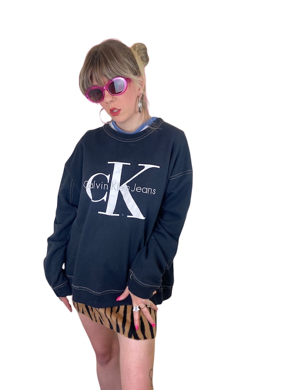 Vintage 90 s Black Calvin Klein Logo Sweatshirt With Tan Contract Stitching Large White CK Logo Embroidered and Printed Size XL Etsy UK