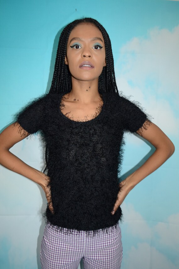 Vintage 90's Super Cute Black Fluffy Knitted Short Sleeve Jumper Top