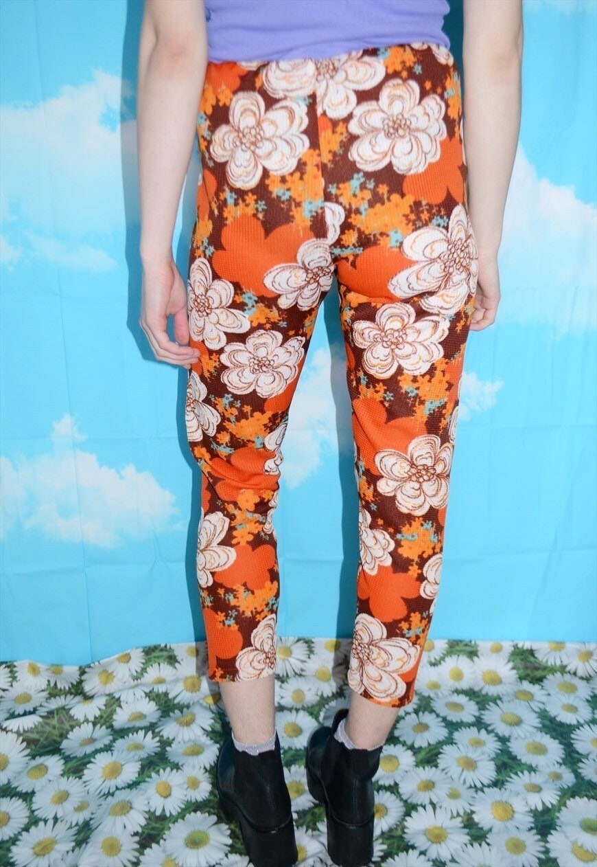 Vintage 70s Flower Print Cropped Trousers Orange and Purple | Etsy