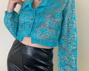 Vintage 70's Cropped Lace Shirt - Retro button up shirt blouse bright blue with metallic silver glam rock