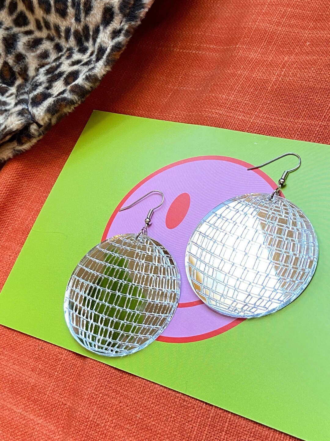 Disco Ball Mirror Earrings Acrylic 70's Party Silver Etsy