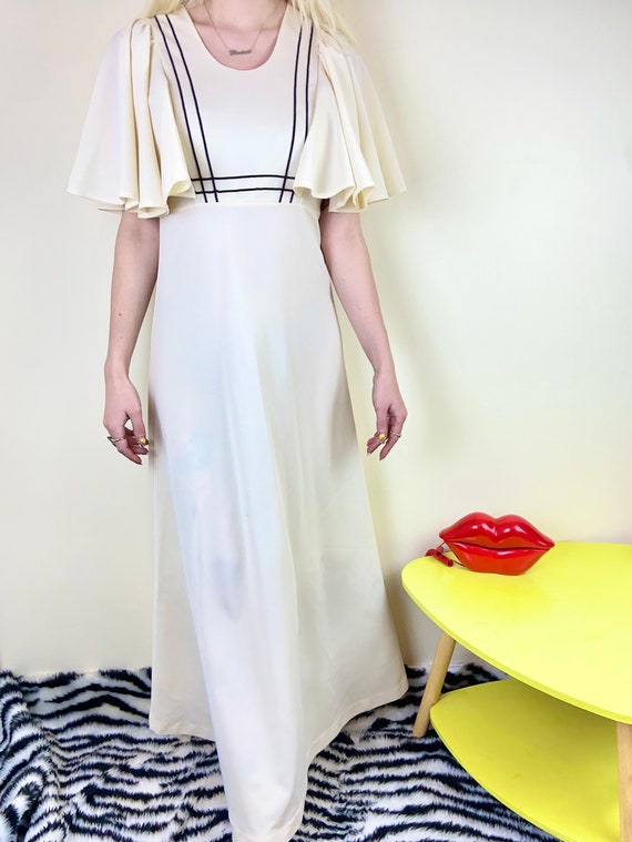 Vintage 70's Cream Cape Sleeve Maxi Dress - 20's … - image 1