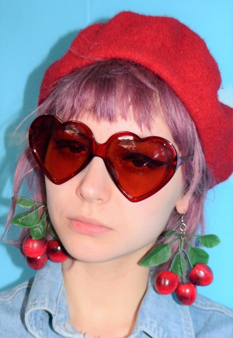 Red Heart Shaped Sunglasses Lolita Retro Translucent red frame Shape shades kitsch cute gift fun vintage valentines statement mod girl image 4