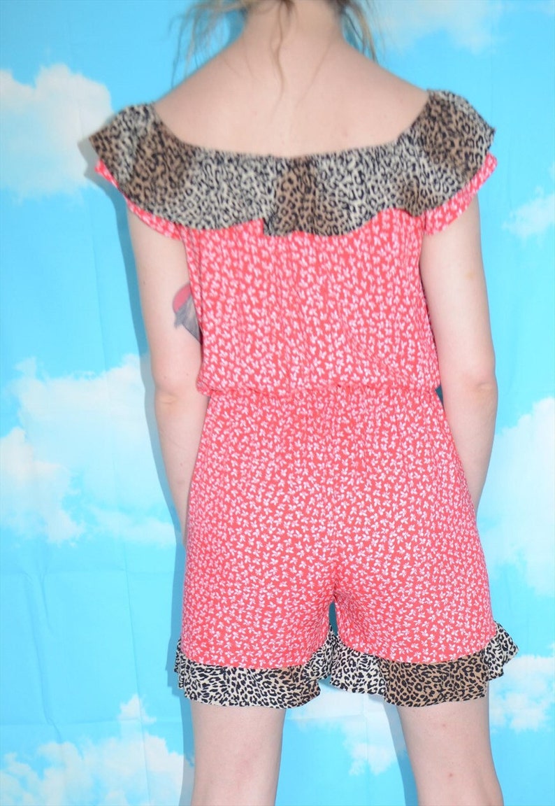 Vintage 90's Red Ditsy and Leopard Print Ruffle Playsuit image 2