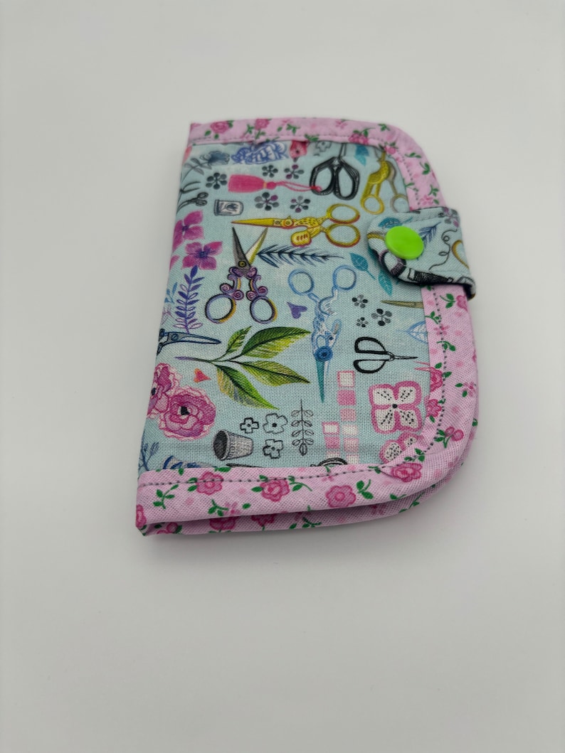 Handmade Needle Book: Sewing Travel Kit, Embroidery Accessory scissors in pink bg