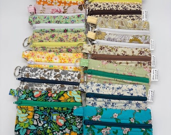 Handmade Zip Pouch: Small Coin Purse & Card Holder with Key Ring - flower patterns