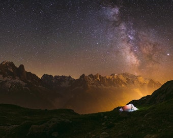 Mont Blanc, Panorama, France Mountain Wall Art, Astrophotography, Summer Art, Landscape Print, Milky Way Print, Wall Art, Fine Art, Home