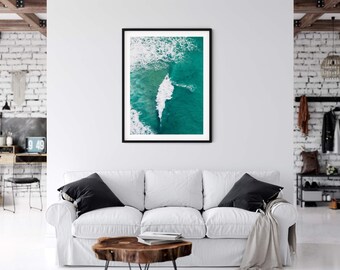 El lone Surfer, fotografía aérea, arte de pared grande, bellas artes, ocean aerial, surf fotografía aérea, arte de pared turquesa, Australia, surf