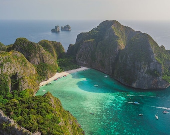 Maya Bay, Beach Photography, Aerial Beach Print, Aerial Fine Art, Travel Photography, Nature Wall Art, Tropical, Home Decor, Thailand, Beach