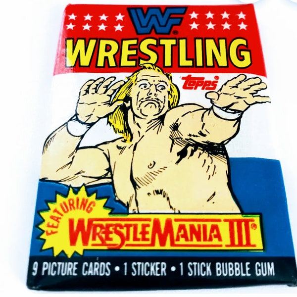 1987 Topps Vintage Wrestling WWF Wrestle Mania III Unopened Wax Pack possible Hulk Hogan Andre the Giant Macho Man Savage Honky Tonk Man