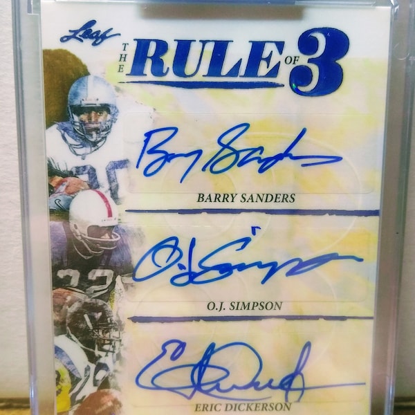 Leaf Trading Company the art of sport Rule of Three Authentic Autographs of NFL Legends Barry Sanders OJ Simpson and Eric Dickerson