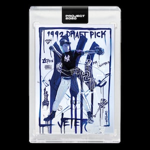 May include: A baseball card featuring a blue and white image of a young baseball player wearing a New York Yankees uniform. The card has the text "1992 DRAFT PICK" and "PROJECT 2020" on it.