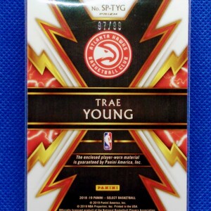 2018-19 Panini Select Trae Young Rookie Swatch SP-Tyg Purple Stripe 97/99 Atlanta Hawks image 6