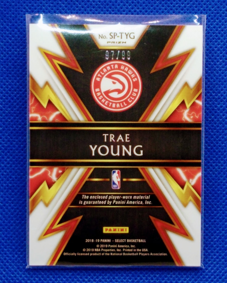 2018-19 Panini Select Trae Young Rookie Swatch SP-Tyg Purple Stripe 97/99 Atlanta Hawks image 6