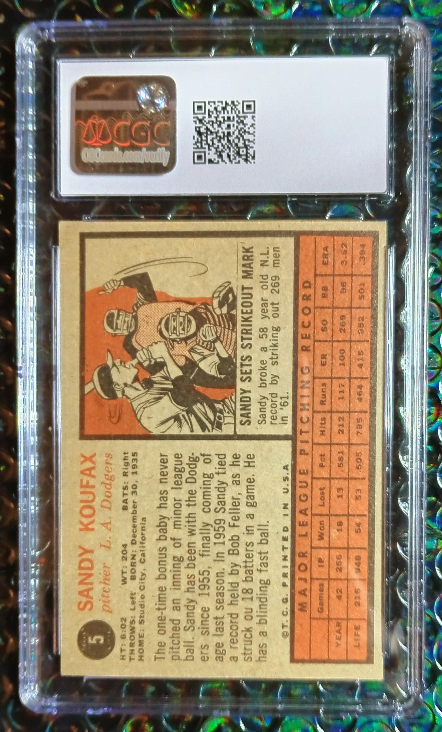 1962 Topps #5 Sandy Koufax Los Angeles Dodgers CGC 6 Ex-mt - Etsy