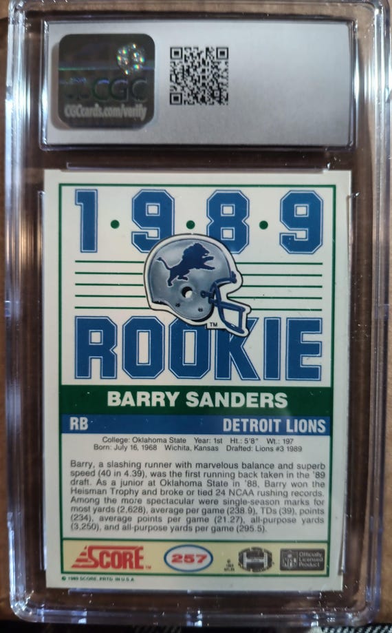 1989 Lions Police Barry Sanders Rookie Card #11 – FCGS Graded 9 MINT (OC) With Custom Case, Oscar Mayer Oversized