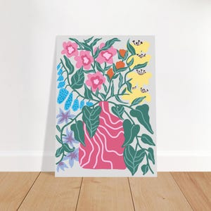 May include: A colorful floral art print featuring a pink vase with white wavy lines, filled with pink, yellow, and blue flowers, and green leaves. The artwork is set against a light gray background, creating a vibrant and cheerful aesthetic.